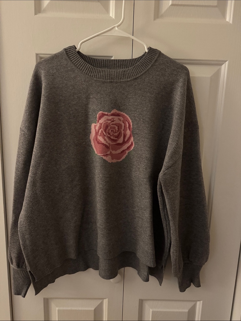 Olive & Oak Gray Crewneck Sweater with Pink Rose Patch